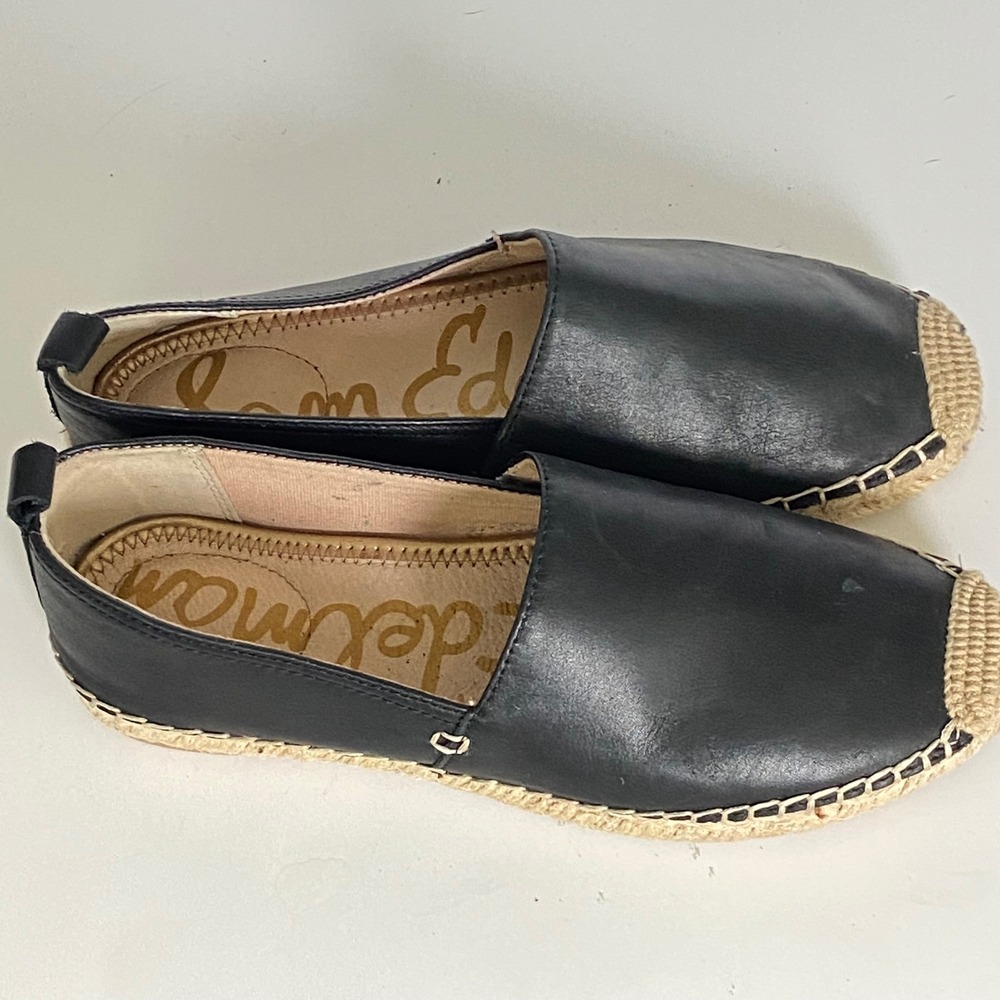 Sam Edelman Khloe Black Leather Espadrille Flats Jute Cap Toe Slip On Shoes 7M - Picture 3 of 7